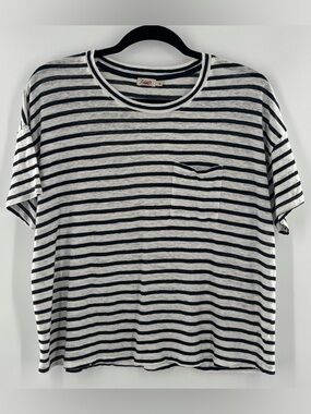 Faherty Sonoma 100% Linen Short Sleeve Pocket Tee Navy White Striped Women’s L